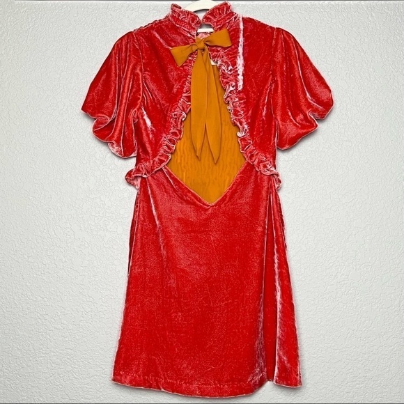 NEW FREE PEOPLE Mini Dress Smocked Ruffle Puff Sleeve Open Back Fall Wedding XS - Picture 8 of 14